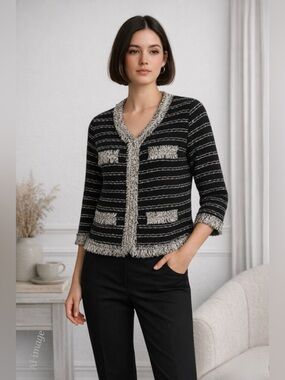 Vintage 90s Bouclé Fringe Cardigan Jacket Black White Textured Knit M